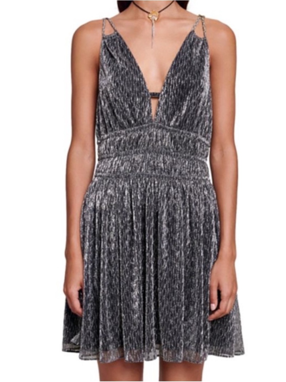NWT Maje Runela Crinkle Metallic Silver Mini Dress Fit Flare Sz 42
